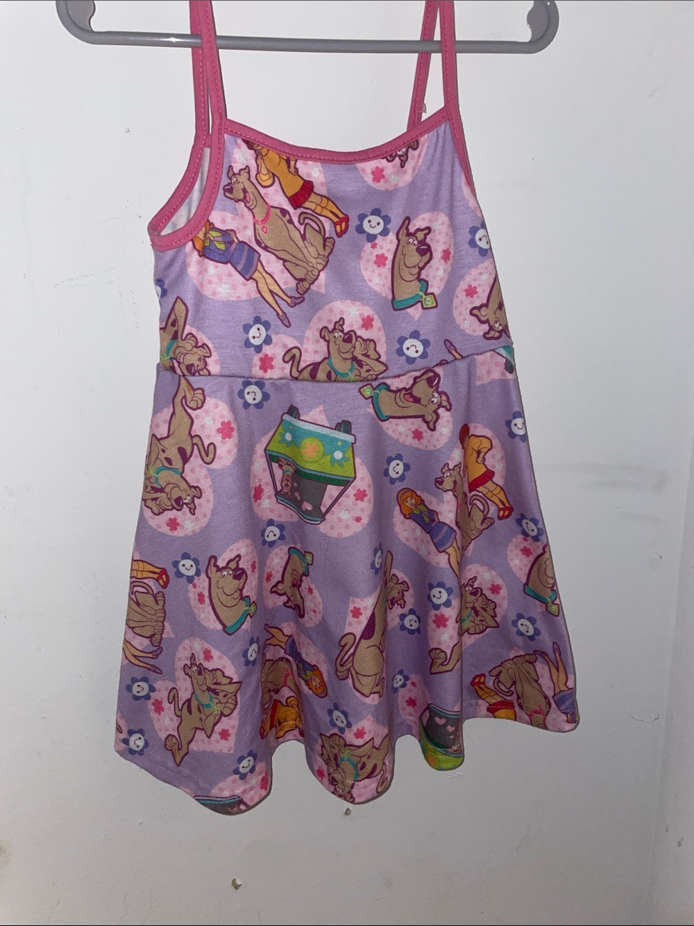 Girls' Lavender Cartoon Print Summer Dress with Pink Trim